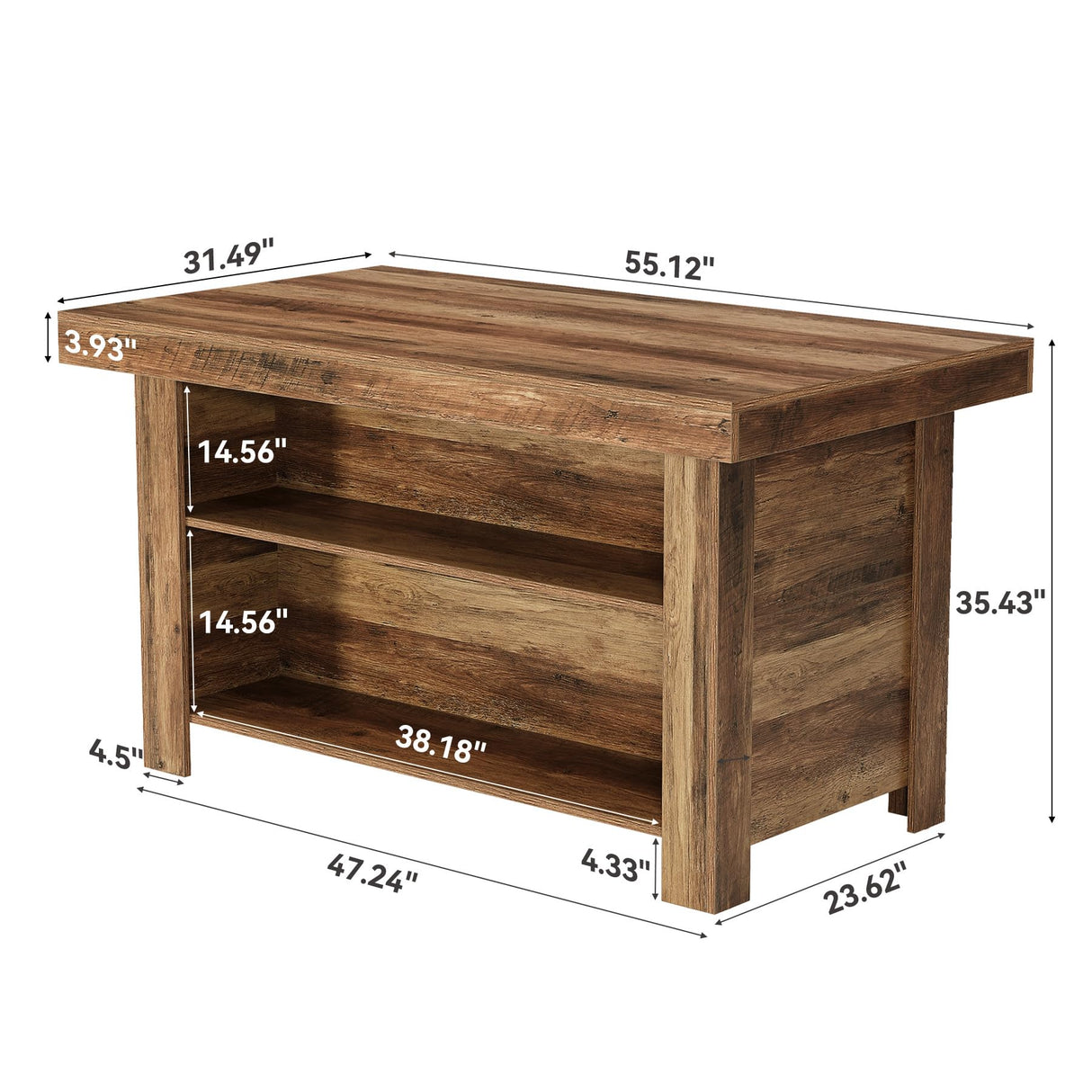 LITTLE TREE 55 Inches Kitchen Island with Storage, 3-Tier Farmhouse Wooden Stationary Island Table with Large Worktop & Leg Room, Modern Coffee Bar Table with Storage Shelf for Kitchen, Rustic Brown LITTLE TREE