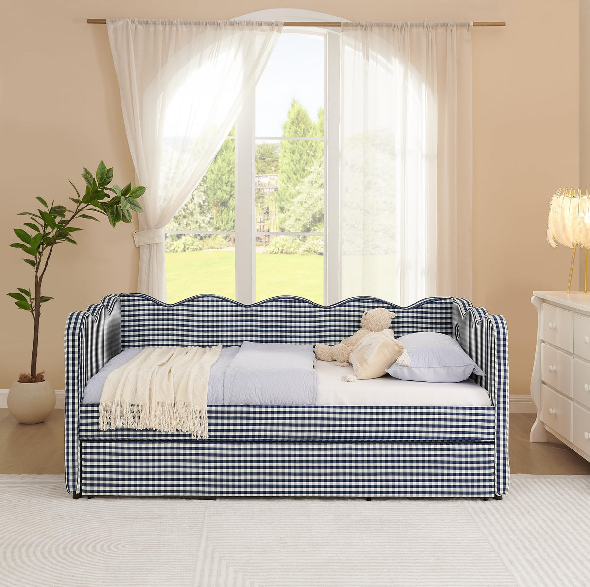 Twin to King Daybed with Trundle, USB Ports Soft Upholstered Daybed with Pop Up Trundle Bed Twin, Modern Extendable Day Bed Frame for Kids Bedroom Living Room Guest Room Small Places Navy Blue Deolme