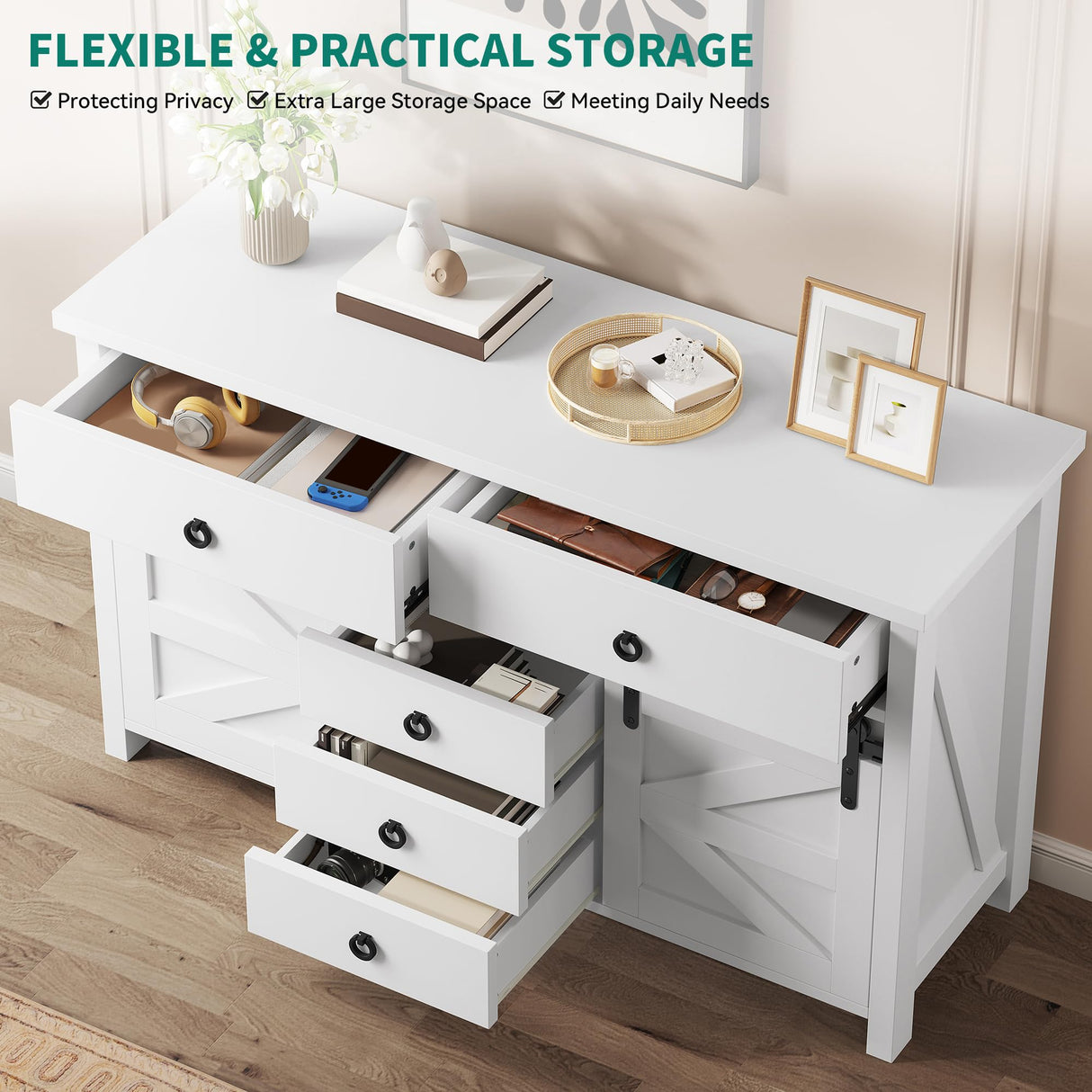 YITAHOME 54" Farmhouse Dresser, Large Modern Chest of Drawers, Wood Rustic Dresser TV Stand with 5 Drawers & 2 Sliding Barn Doors for Dining Room, Entryway, Hallway, White YITAHOME