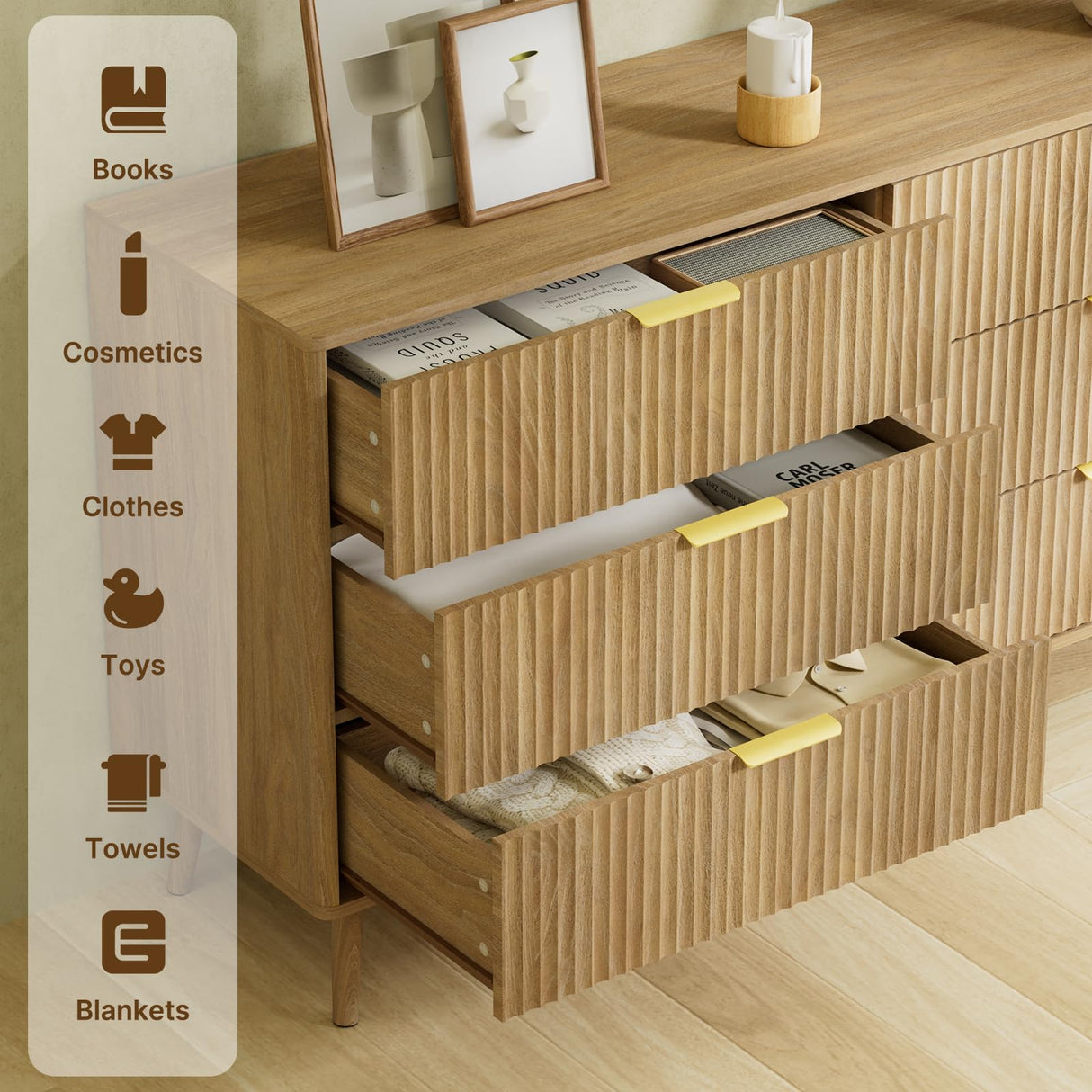 LYNSOM 6 Drawers Fluted Dresser for Bedroom, 55" Wide Modern Chest of Drawers with Metal Handle and Curved Profile Design, Dresser TV Stand, Wood Drawer Organizer for Living Room, Hallway, Natural Oak LYNSOM