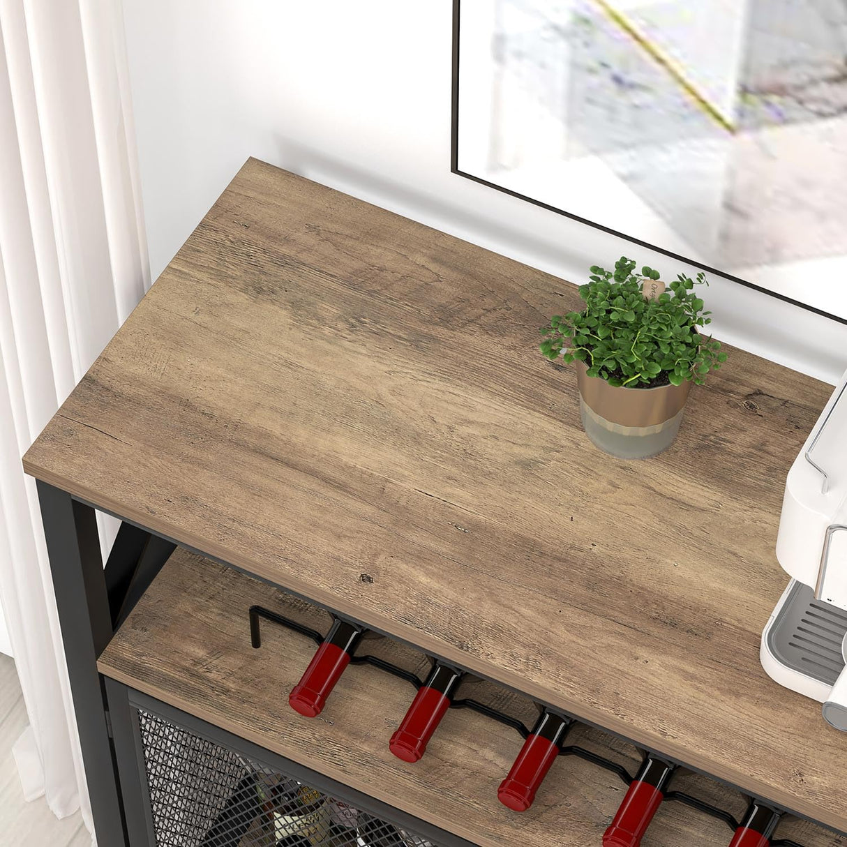 FOLUBAN Coffee Bar Cabinet, Small Liquor Cabinet with Wine Rack for Home, Modern Wine Bar Cabinet with Storage for Living Dining Room, Farmhouse Kitchen Sideboard Buffet Cabinet, Oak 47 Inch FOLUBAN