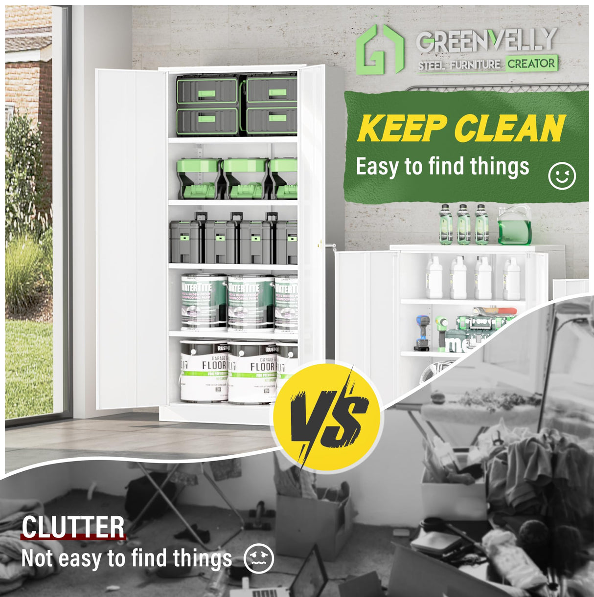 Greenvelly Metal Garage Storage Cabinet with 2 Doors and 4 Adjustable Shelves, 72”H White Steel Lockable Storage Cabinet,Tall Metal Cabinet Locking File Cabinet for Office,Home, Garage, Gym, School Greenvelly