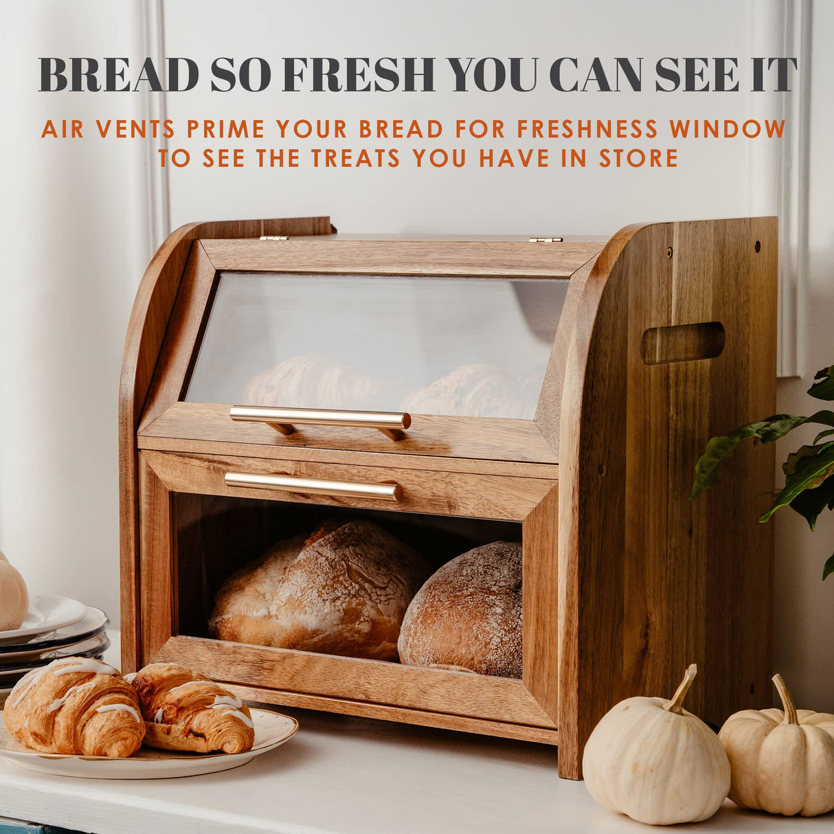 Arise Stylish Acacia Bread Box for Kitchen Countertop, Extra Large 2-Shelf Wooden Bread Storage Container with Clear Windows and Air Vents Keep Bread, Bagels and Rolls Fresh, Self Assembly Apace Living