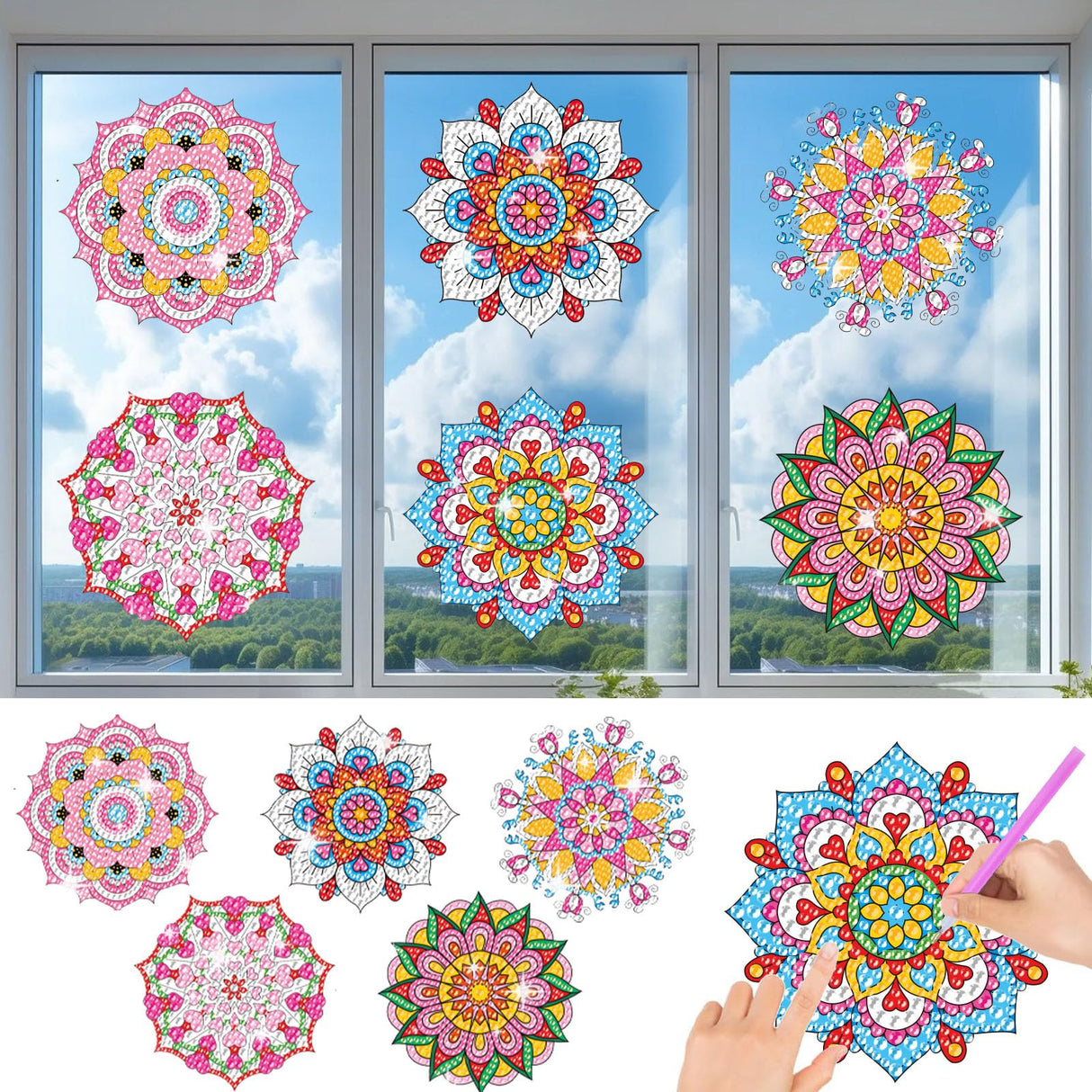 ACSAUMMY DIY Diamond Art Window Clings, 6pc Mandala Suncatchers Reusable Stained Glass Decals 5D Diamond Art Painting Static Window Stickers, Gem Craft Kit for Adults Kids Home/Indoor Decor, Gift ACSAUMMY