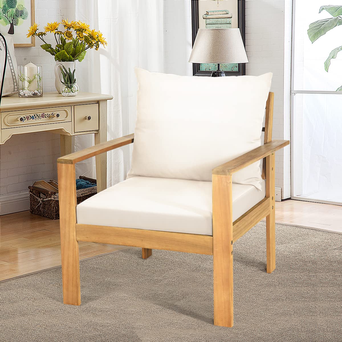 COSTWAY 4 Pieces Outdoor Acacia Wood Sofa Set, Outdoor Conversation Sofa Set with Table & Cushions Porch Chairs for Garden, Patio, Deck COSTWAY