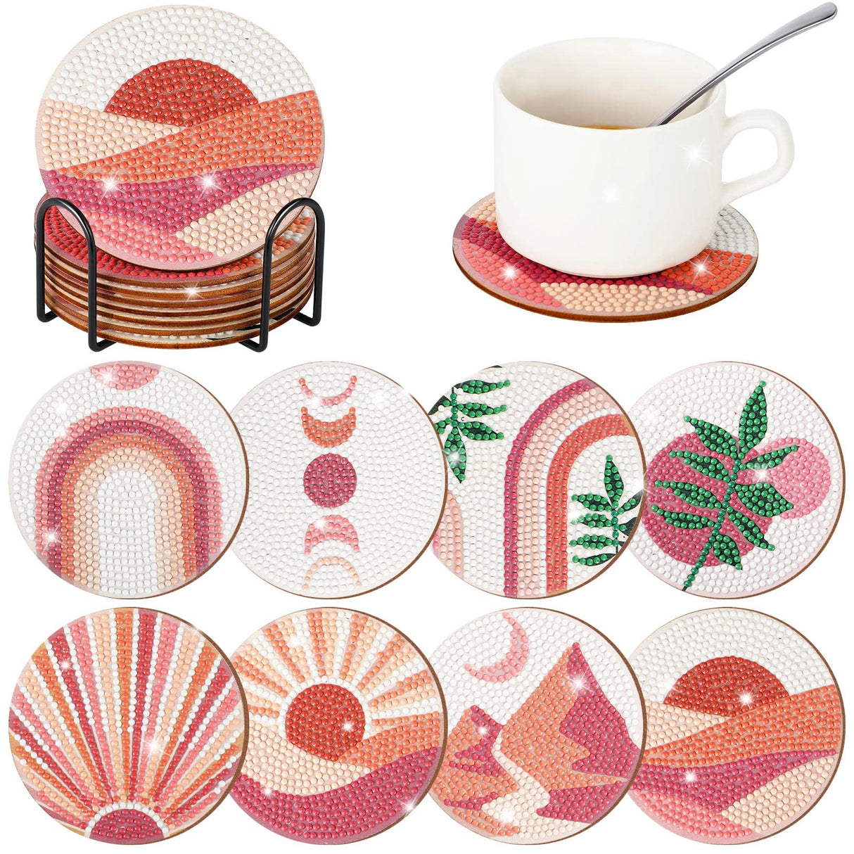 Vesici 8 Pcs Pink Diamond Painting Coasters with Holder Abstract Plants Diamond Art Painting Coasters Boho Art Coaster Kit with Holder DIY Crafts Kits for Adults Beginner Gift Supplies(Pink) Vesici