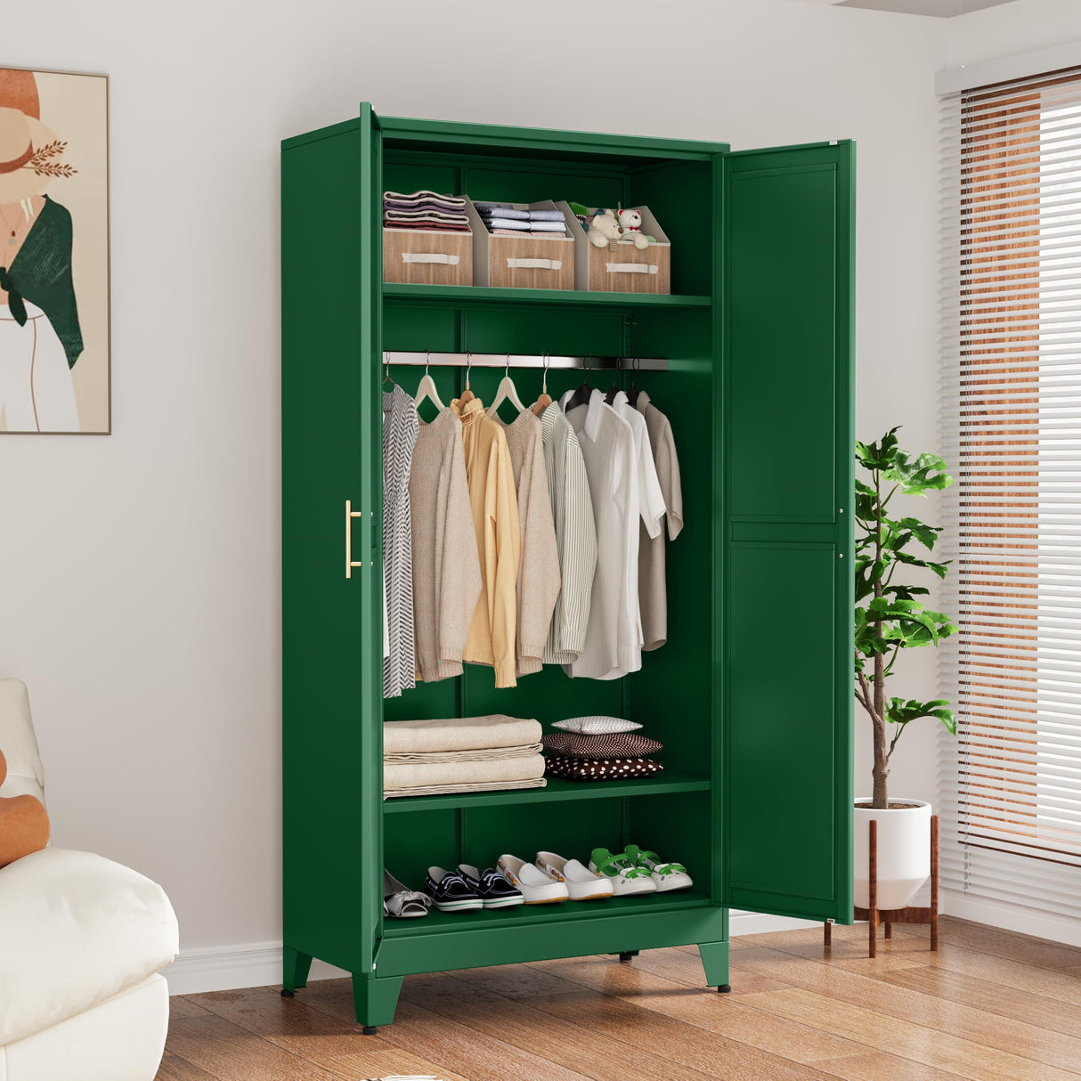 71" H Metal Armoire Wardrobe Closet, Adjustable Shelve, Clothes Drying Pole, Steel Wardrobe Cabinet for Bedroom (Green) Ckzbx