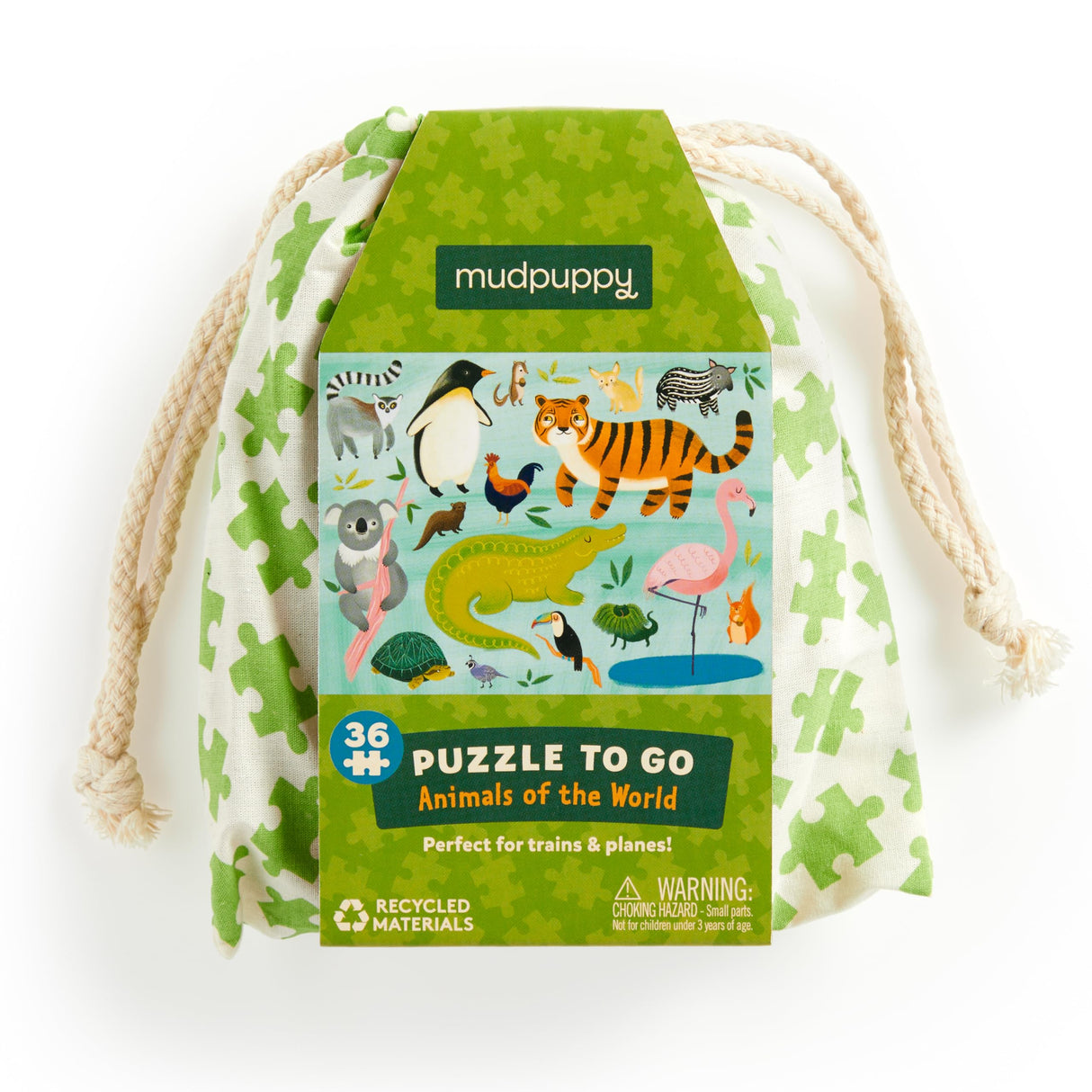Mudpuppy Animals of The World to Go Puzzle, 36 Pieces – Great for Kids Ages 3+ - Perfect for Travel, Easy Clean-Up, Packaged in Secure, Reusable Fabric Bag Mudpuppy