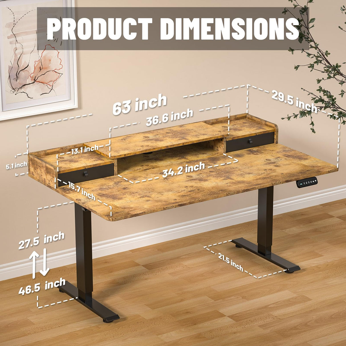ExaDesk 63×30 Inch Electric Standing Desk with 2 Drawers, Adjustable Height Widened Stand Up Desk with Storage Shelf, Sit to Stand Ergonomic Workstation for Home Office ExaDesk