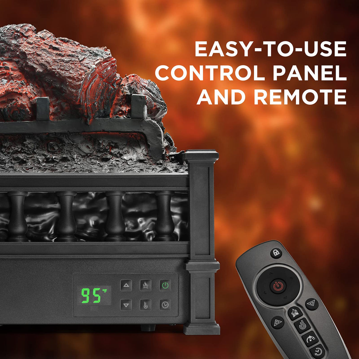 TURBRO Eternal Flame 26-Inch Infrared Quartz Electric Fireplace Log Heater, Realistic Pinewood Logs, Adjustable Flame Colors, Remote Control, Thermostat, Timer, EF26-PB, 1500W TURBRO