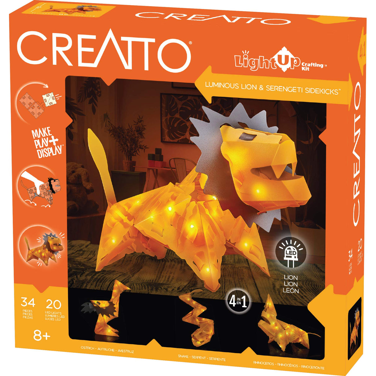 Creatto Luminous Lion & Serengeti Sidekicks Light-Up 3D Puzzle Kit | Includes Creatto Puzzle Pieces to Make Your Own Illuminated Craft Creations | DIY Activity Kit & LED Lights,Orange Thames & Kosmos