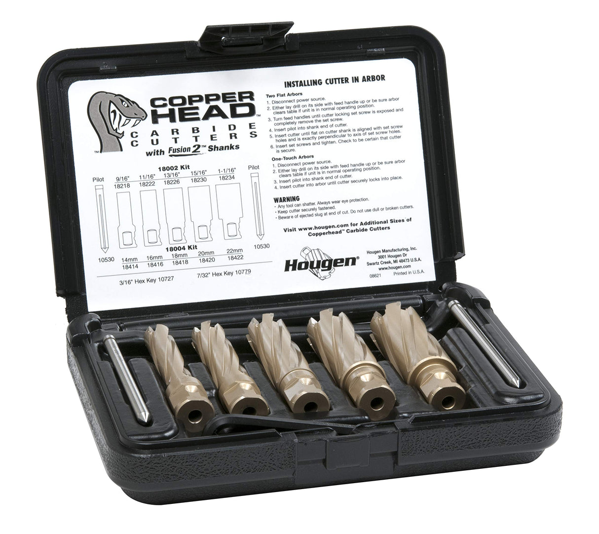 Hougen 18002 Copperhead Carbide Annular Cutter Kit 9/16, 11/16, 13/16, 15/16, 1-1/16" 2-Inch Depth of Cut 3/4-Inch Weldon Shank and Fusion2 Shank For Magnetic Drills Hougen