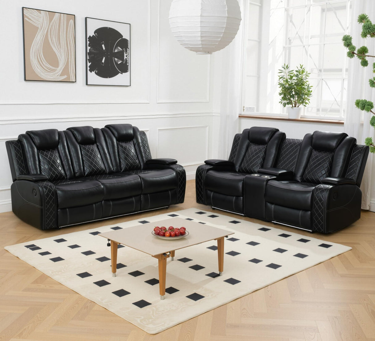 Plithzy Power Recliner Sofa Set with LED, Breathing Leather Living Room Furniture, Reclining Leather Couches with USB Ports/Cup Holder/Armrest Storage for Home Theater (Sofa and Loveseat, Black) Plithzy