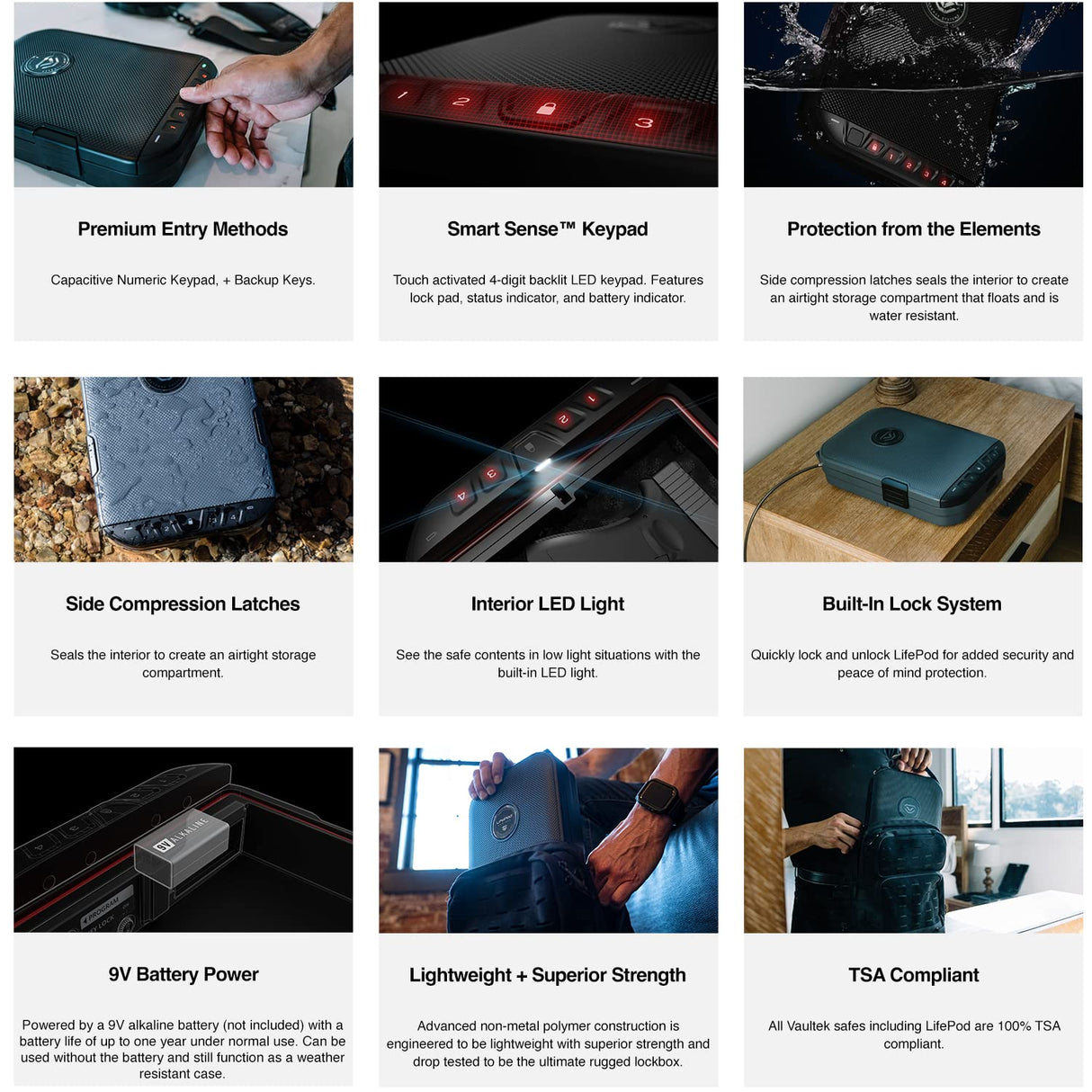 VAULTEK LifePod 2.0 Secure Waterproof Travel Case Rugged Electronic Lock Box Travel Organizer Portable Handgun Case with Backlit Keypad (Covert Black) VAULTEK