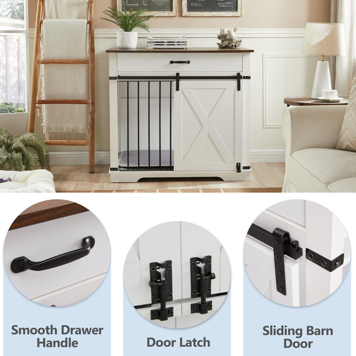 KACVON 37.8" Dog Crate Furniture - Indoor Wooden Dog Kennel Furniture with Sliding Barn Door and Storage Drawer, White KACVON