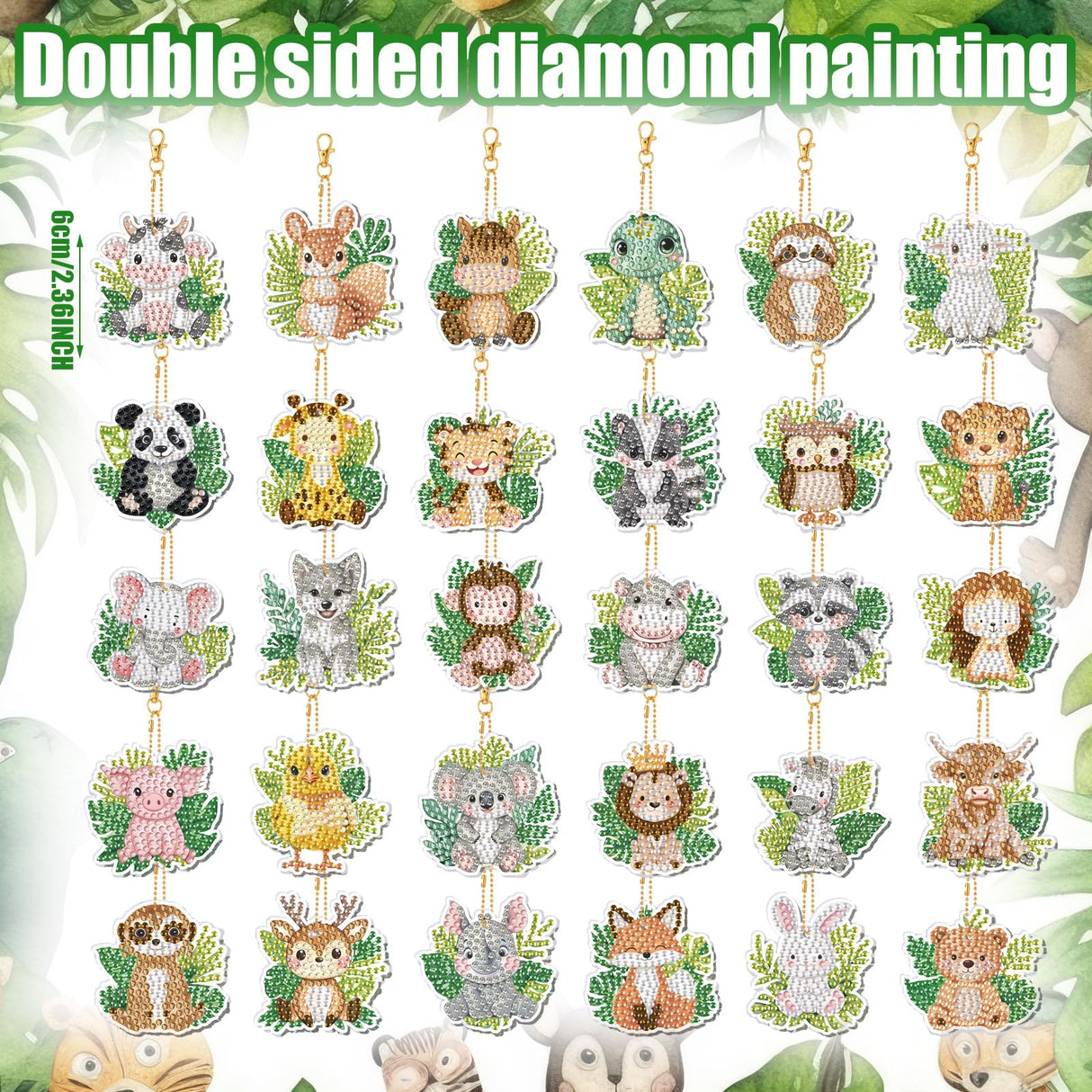 WILLBOND 30 Pcs Jungle Animals Diamond Art Keychain Ornaments DIY Double Sided Jungle Animals Diamond Painting Keychain Kits for Adults Key Ring Art Pendant Tree Decor WILLBOND