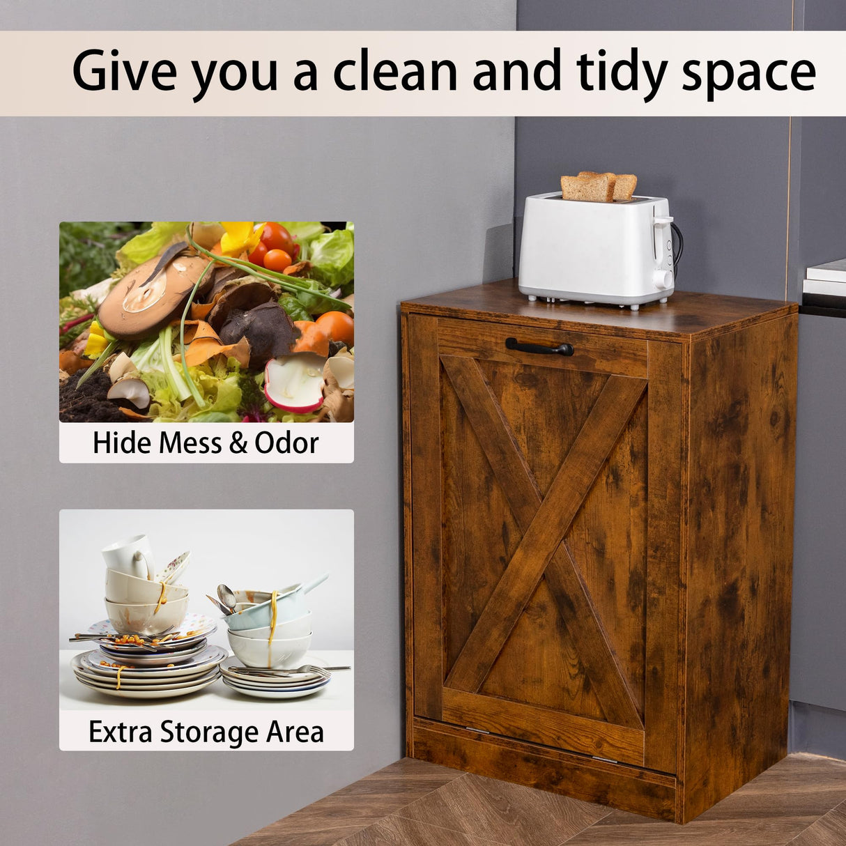 Zvyteay 13 Gallons Tilt Out Trash Can Cabinet, Wooden Free Standing Kichen Waste Bin Recycling Cabinet Hidden Trash Cabinet Laundry Cabinet Pet Food Cabinet (Rustic Brown) Zvyteay