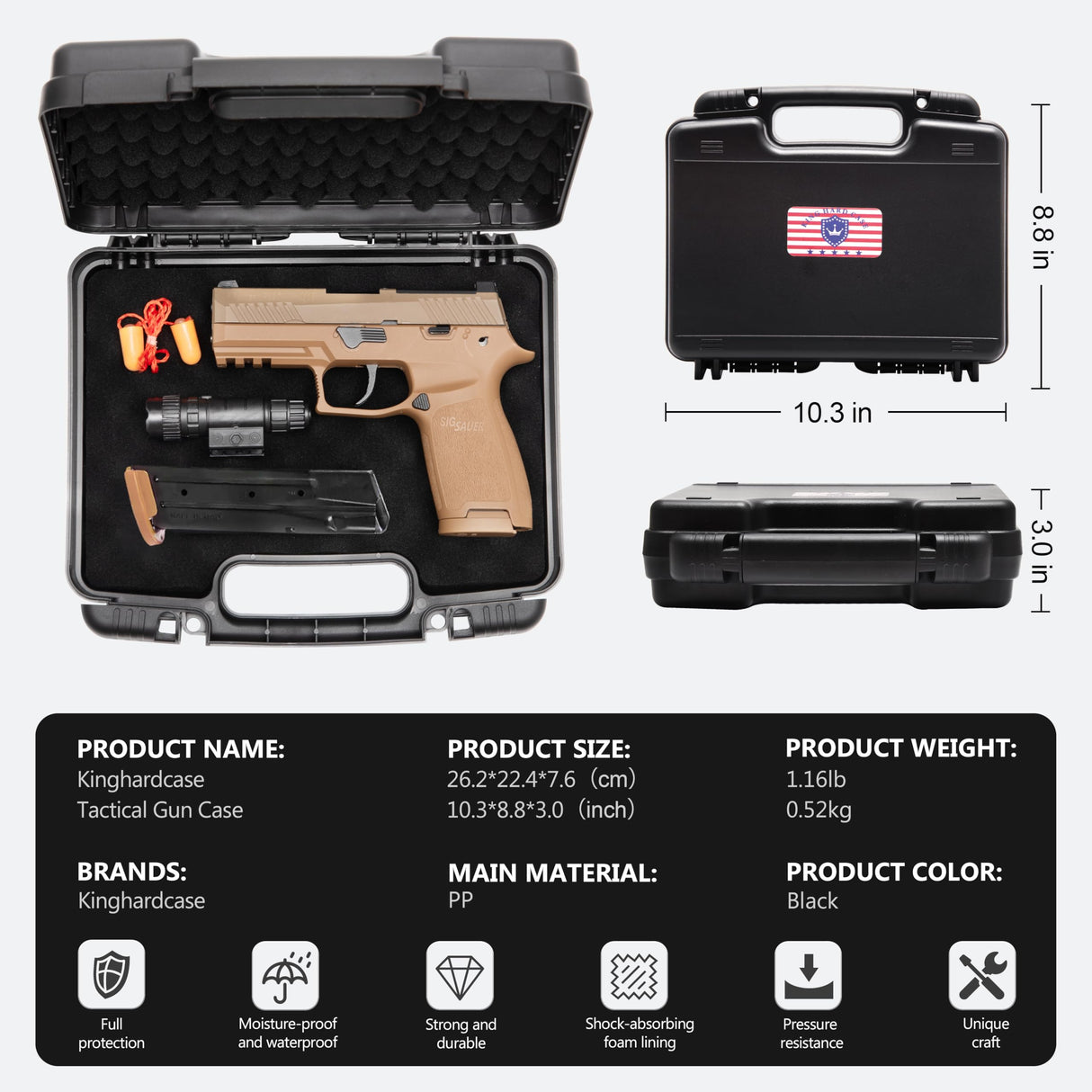 Kinghardcase 9mm Gun Case Lockable, TSA Approved Firearm Travel Case with 1 TSA Lock, Pistol Case Hard Shell, Gun Safe for Handgun, Pistol, Revolver - Shockproof Gun Storage 10.3 x 8.8 x 3 inch Kinghardcase