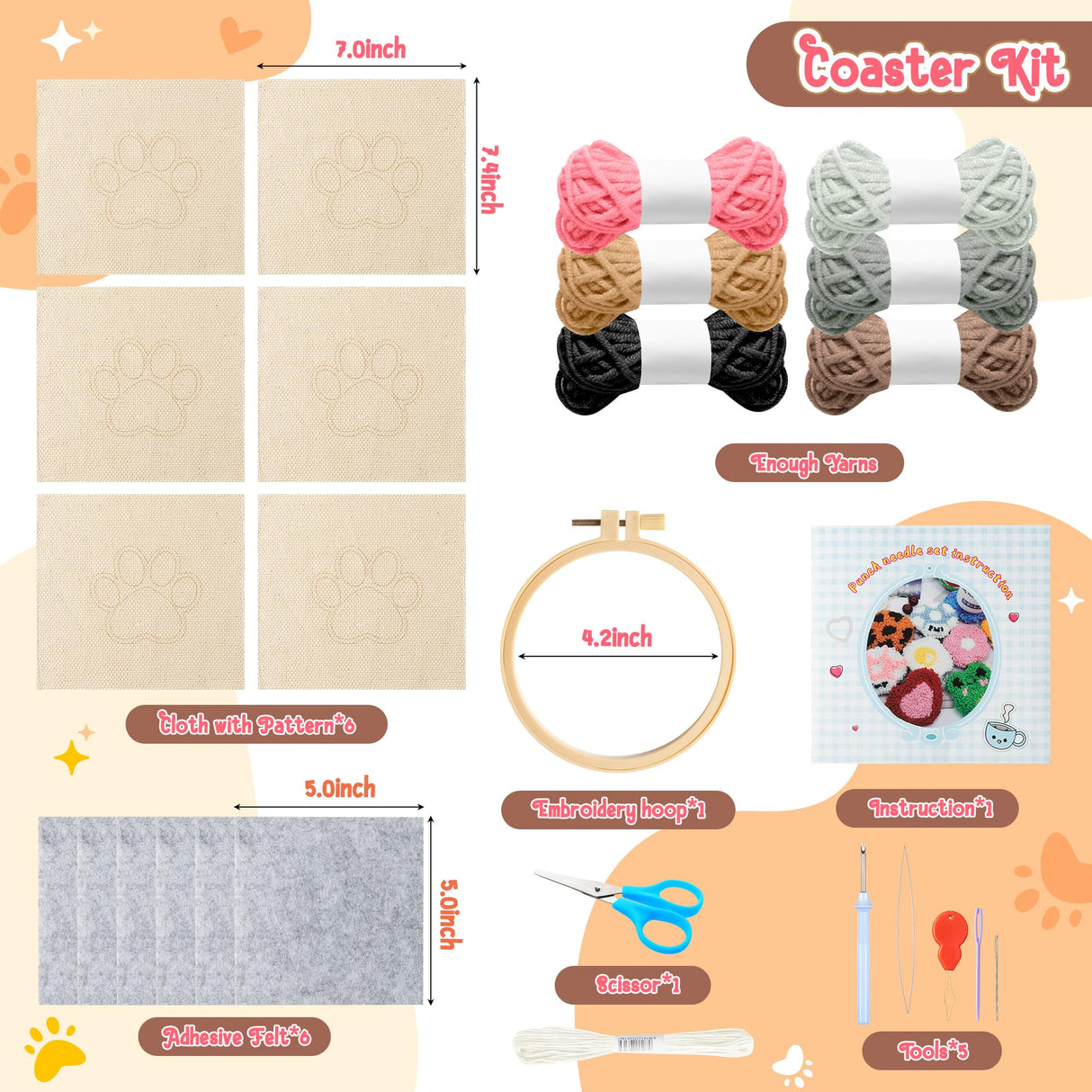 WATINC 22Pcs Craft Punch Needle Coaster Kit, Easy Art Work Decor Coasters Kits for Beginners, 6 Pattern Tufted Rug Pads with Adhesive Felt Yarns Embroidery Hoop Instruction, DIY Needle Punch Craft WATINC