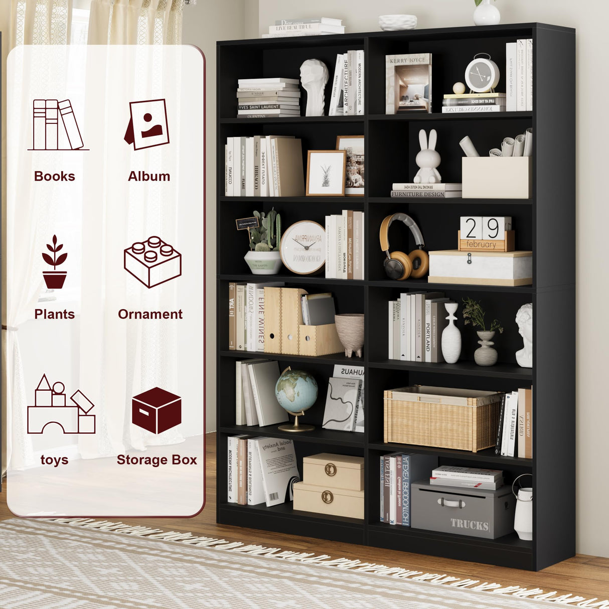 FACBOTALL Bookshelf and Bookcase, 6-Tier Double Wide Bookshelves, Freestanding Display Storage Shelves, Tall Bookcases for Home Decor Bedroom, Living Room, Home Office,Black FACBOTALL