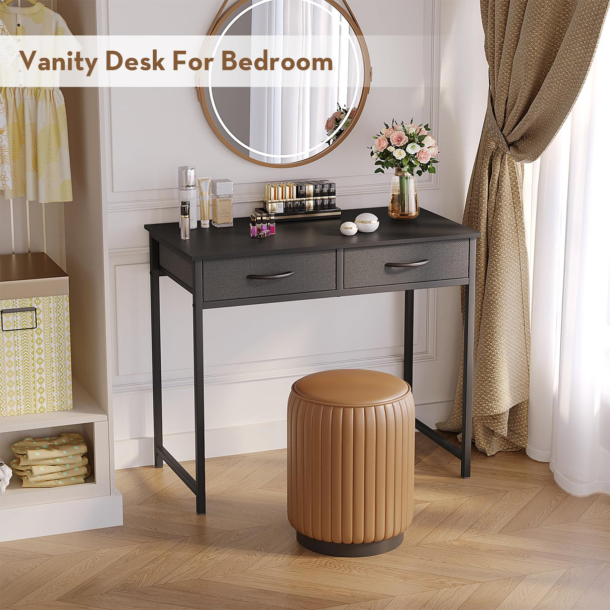 WOHOMO Small Computer Desk with Drawers, 31.5 Inch Black Vanity Desk with Storage, Home Office Computer Desk for Small Spaces, Modern Work Writing Study Table, Black WOHOMO