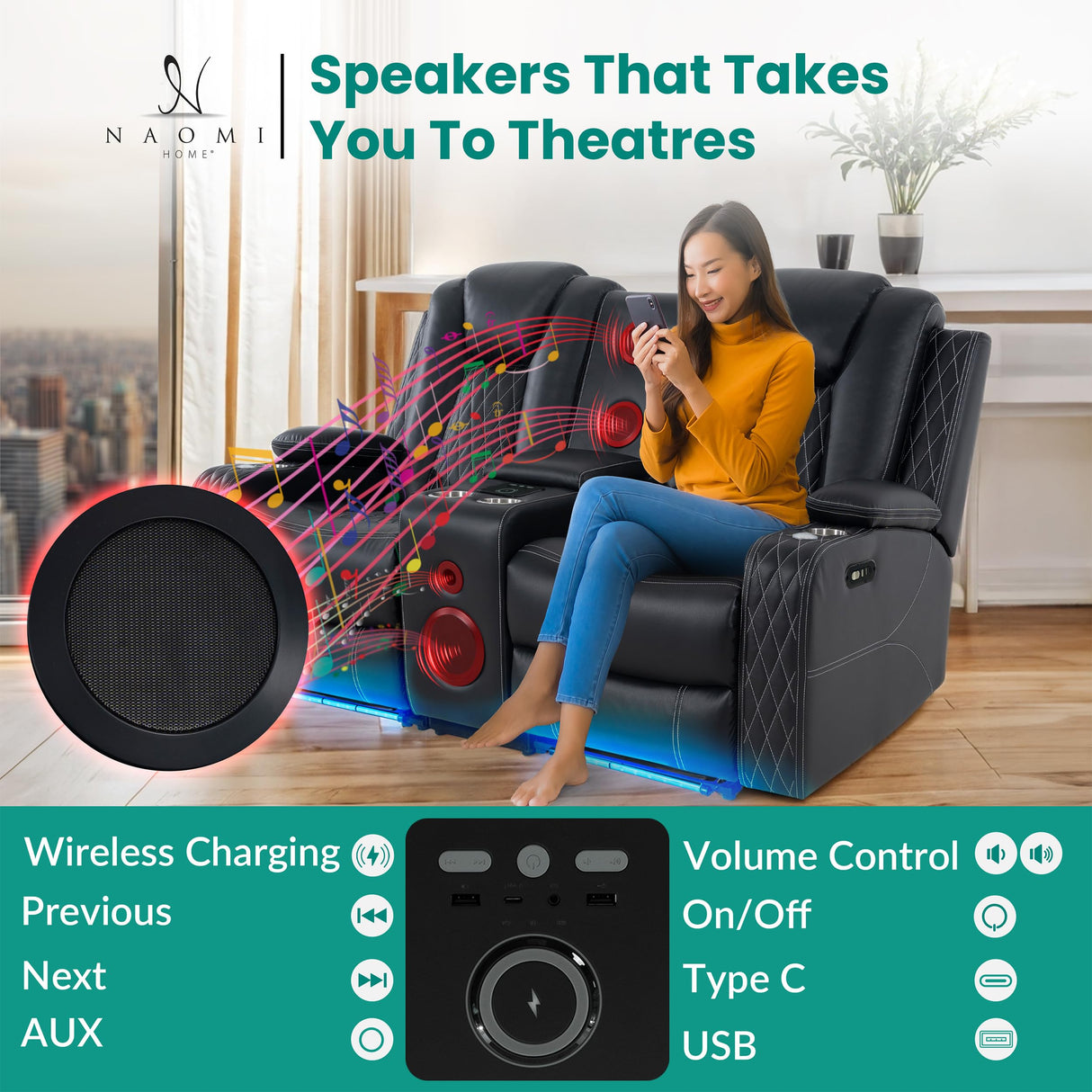 Home Theater Seating, Gaming Chairs for Adults, Wireless Charging Movie Theater Chairs, Power Recline Loveseat with 6 Cup Holders and Tray, Powerful in-Built Speaker, USB Ports, Air Leather – Black Naomi Home