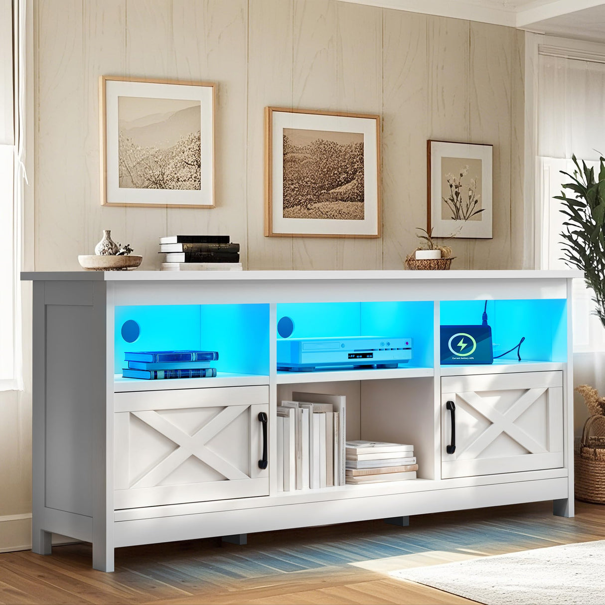 YITAHOME TV Stand for 65 Inch TVs, Entertainment Center with Storage Cabinets, Power Outlet & LED Light, Media Console Living Room Furniture, White YITAHOME