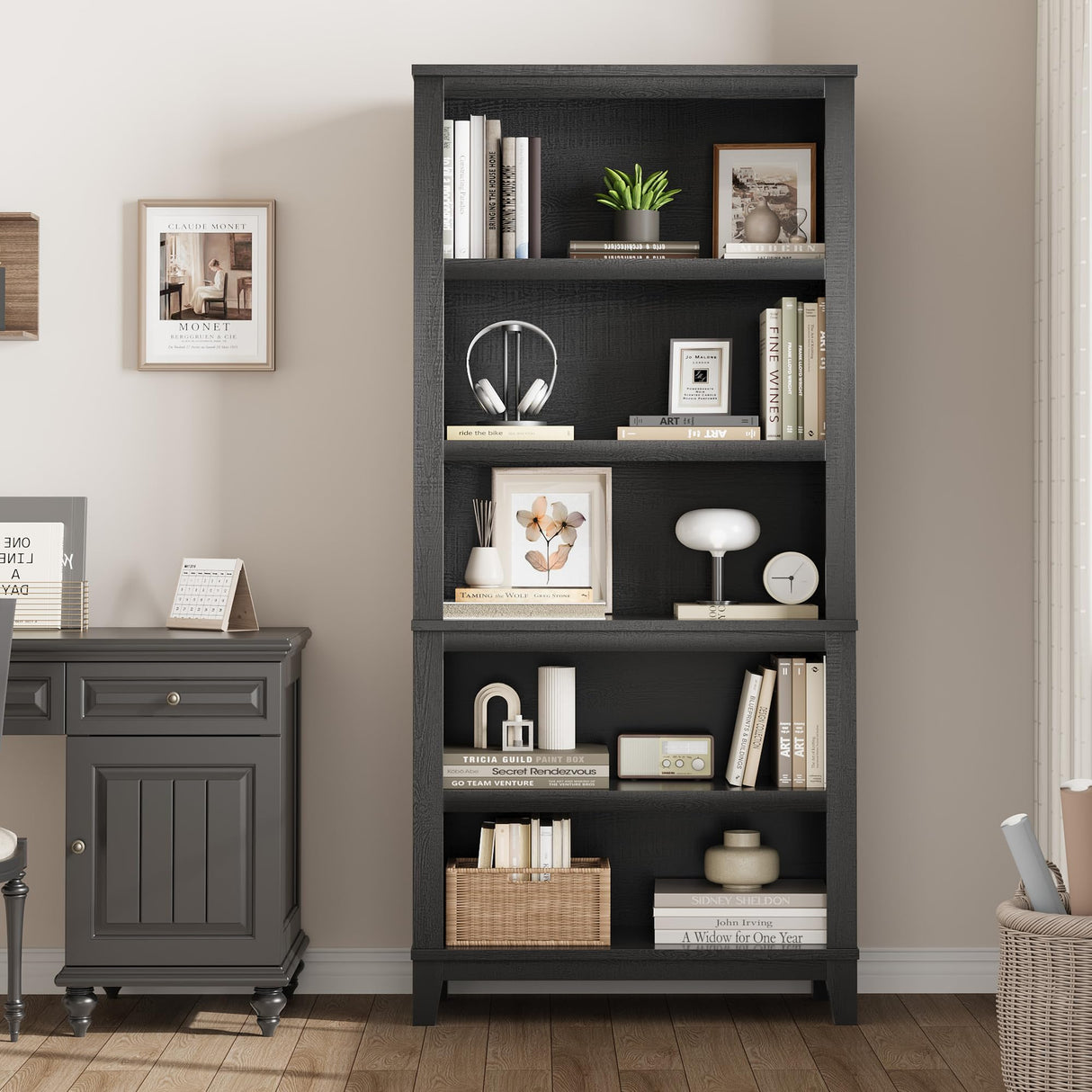 IDEALHOUSE 71" Farmhouse Bookshelf w/Adjustable Shelves & 31.5 in Whidth, 5 Tier Tall Bookshelf with Wooden Legs, Vintage Wooedn Book Shelf for Living Room Office (Black, 71.3" H x 31.5" W x 11.8" D) IDEALHOUSE