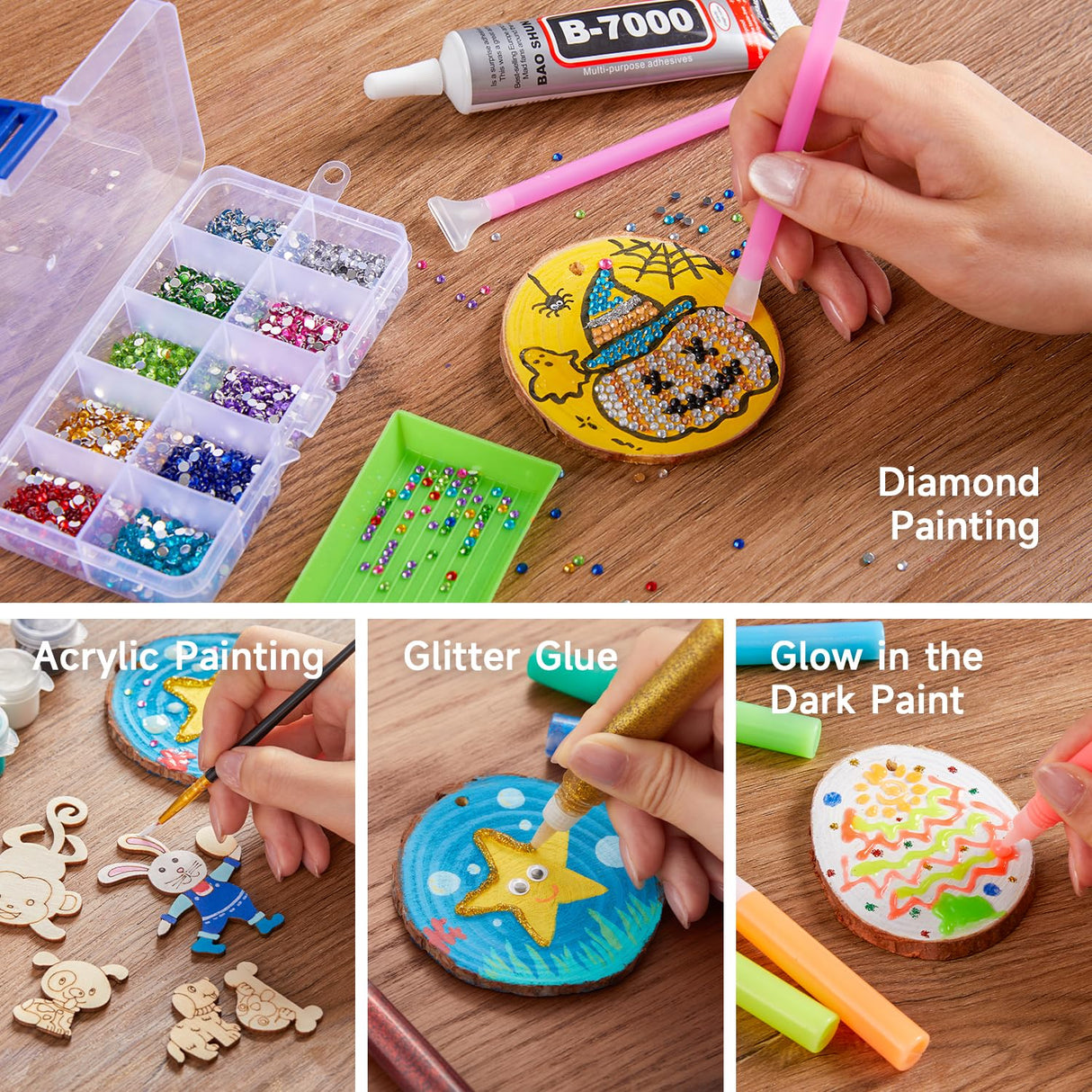 Kids Wood Painting Craft Kit, Glow-in-the-Dark Paint and Diamond Painting on Wood Slices with Stickers & Wiggle Eyes, Ideal Arts and Crafts for Kids Ages 5-12, Gifts for Halloween, Christmas, Birthday Shuttle Art