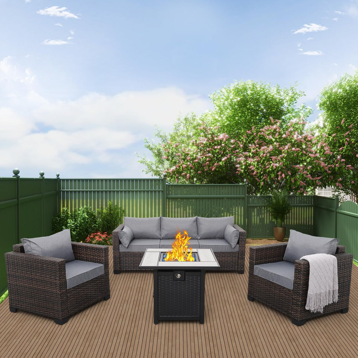 Valita Patio Rattan Furniture Set 4-Piece Outdoor PE Wicker Conversation Couch, Brown Sectional Sofa Couch with 50,000BTU Adjustable Fire Pit Table Non-Slip and Washable Gray Cushions Valita