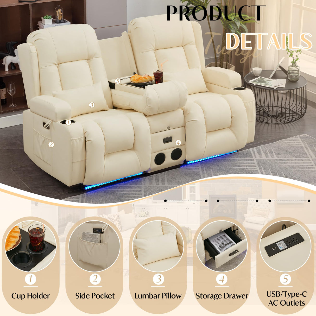 TUNYI Power Loveseat Recliner Sofa, Faux Leather Reclining Sofa with Console RV Reclining Loveseat Couch with USB/Outlet/Storage/Side Pocket/LED Light/Speaker (Cream White, Loveseat) TUNYI
