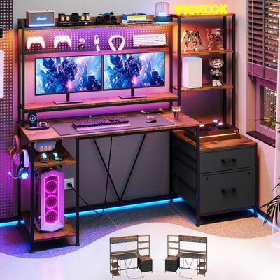 VIGKOOK 65in Gaming Desk with Hutch and Power Outlets, LED Lights, 2 Drawers, and Ample Storage in Rustic Brown