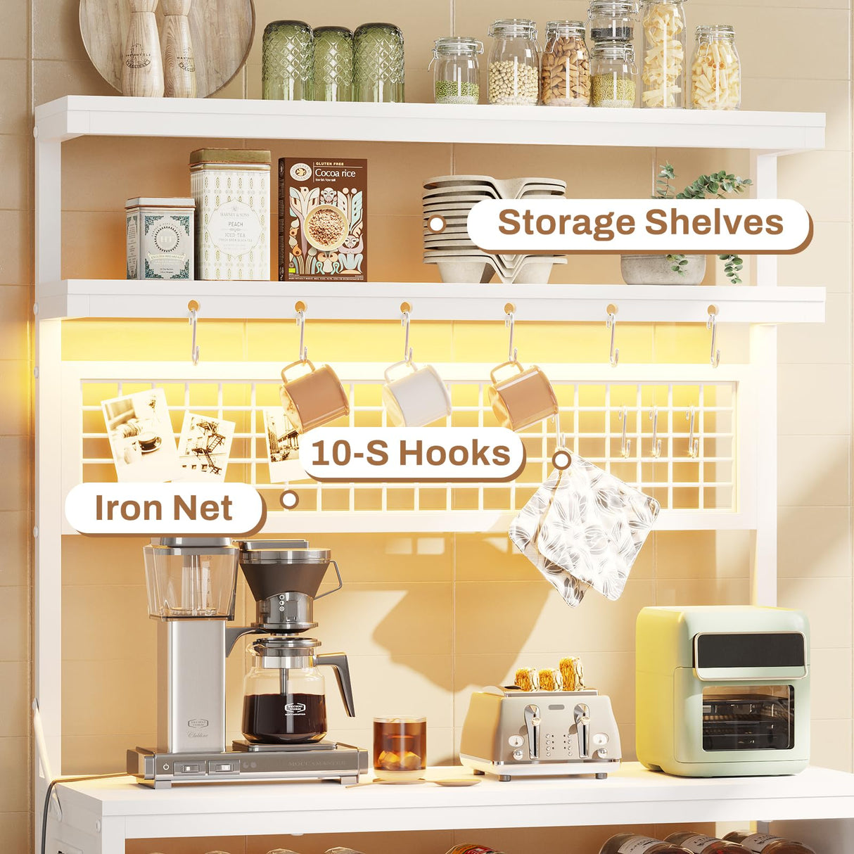 Itaar 6-Tier Bakers Rack with Power Outlet, LED Lights & Wine Rack – White Coffee Bar & Microwave Stand Itaar