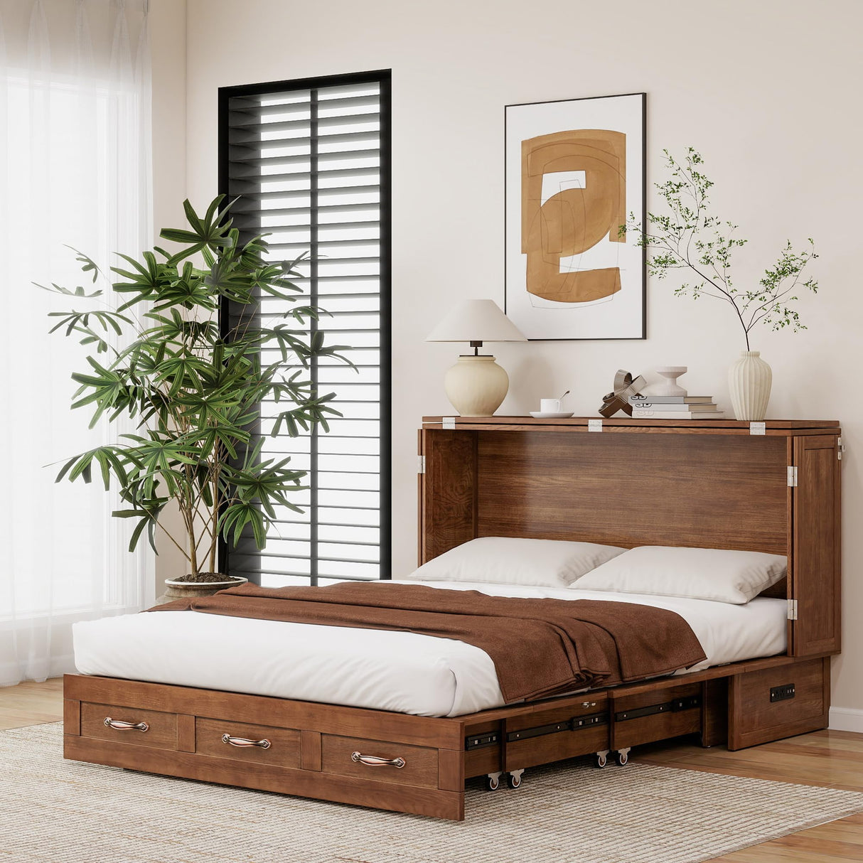 Nesbsakte Queen Murphy Bed Cabinet: Hidden Space-Saving Solid Wood Cabinet Bed with USB Charging for Beedrooms and Apartments(Mattress Not Included) Yellow Brown-15 Nesbsakte