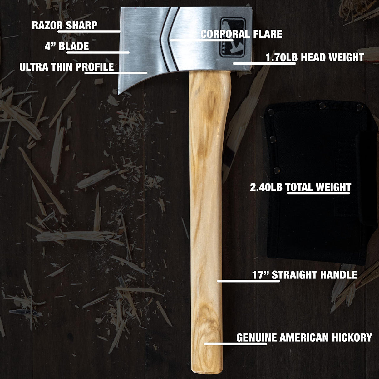 The Corporal (2nd Generation): World Axe Throwing League Premium Competition Throwing Axe with Throwing Hatchet Nylon Sheath and Hickory Wooden Handle (Patent Pending) WATL