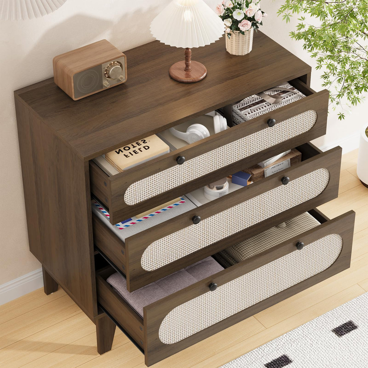 IDEALHOUSE 3 Drawer Wood Dresser for Bedroom, Rattan Nightstand Bedside Table for Living Room, Entryway, 31.5" L*15.7”W*31.2”H, Dark Brown IDEALHOUSE