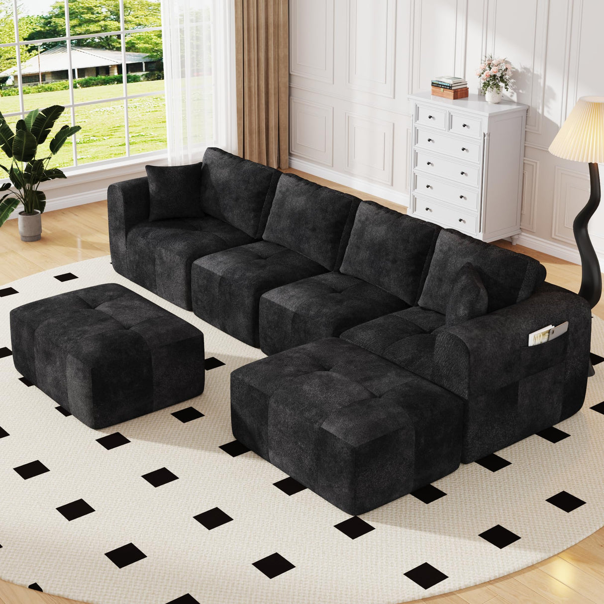 Squireewo 140" U-Shaped Sectional Sofa,4 Seat Modular Cloud Couch Boneless with 2 Convertible Ottomans & Deep Seat,No Assembly Required,Modern Chaise Lounge for Living Room,Chenille,Grayish-Black Squireewo