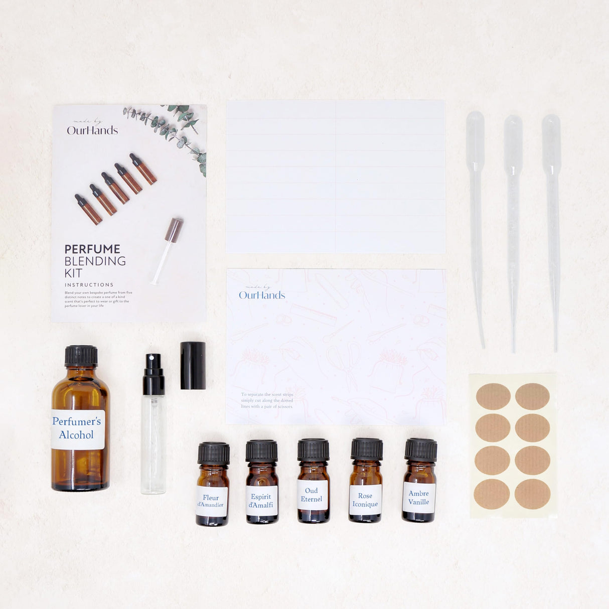 OurHands Perfume Making Kit Create Your Own Signature Perfume with 5 Premium Fragrance Oils, Perfumer’s Alcohol, Reusable Glass Atomiser, and Custom Naming Stickers OurHands