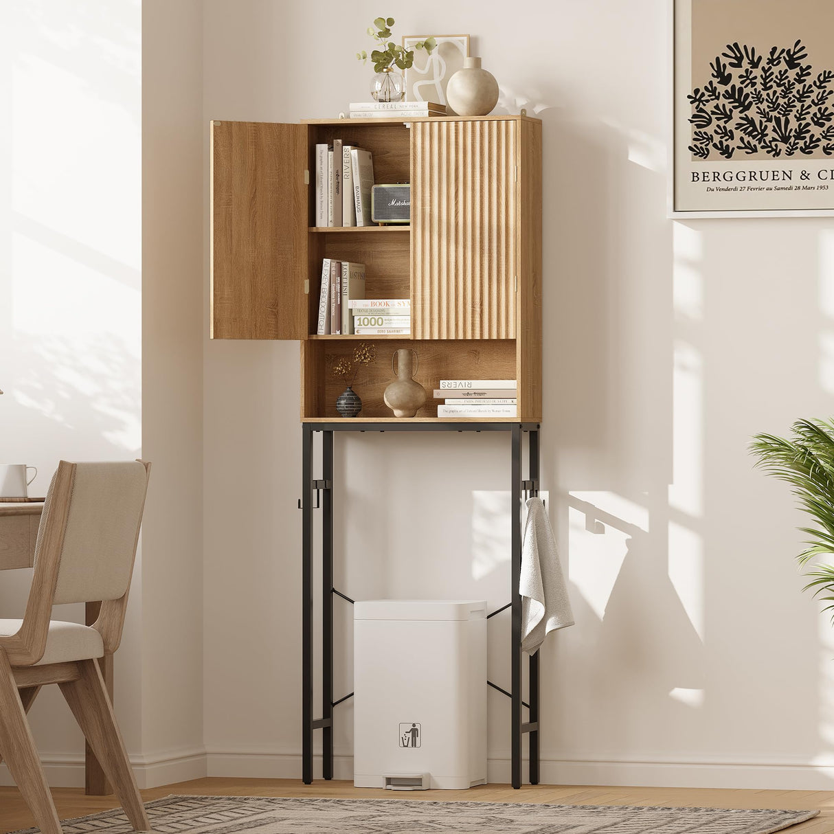 Toilet Storage Cabinet, Over The Rack Wood Cabinet with Metal Stand, Bathroom Organizer with Adjustable Shelf, Tall Freestanding Washer Shelf, Small Cupboard, Space Saver, Natural Style TROJM