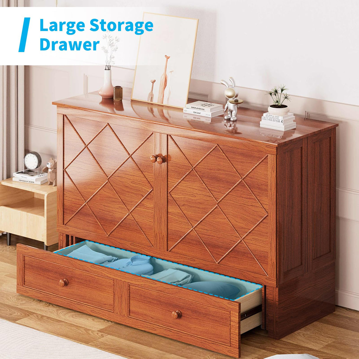 Mjkone Queen Murphy Bed Cabinet with Tri-Folding Mattress, Distressed Wooden 63" W Cabinets Wall Chest Beds with Built-in Charging Station & Storage Drawer for Office Guest Bedroom Living Room, Cherry Mjkone