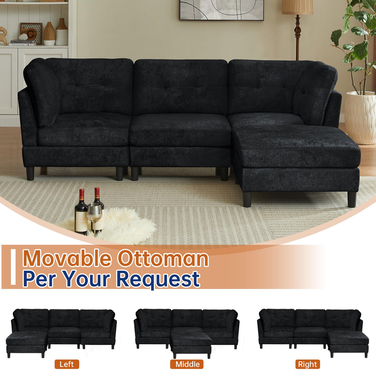 Portaforta 100" Oversized Sectional Couches for Living Room, Modular Sectional Sofa Couch, Modern Linen L Shaped Couch, 4 Seater Convertible Sofa for Living Room Apartment Office, Black Portaforta