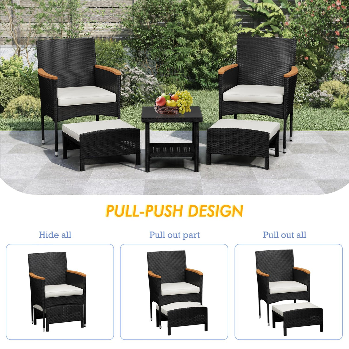 ARTBUSKE 5 PCS Outdoor Patio Furniture Set with Table&Ottoman Outdoor Furniture Patio Set Bistro Wicker Patio Set (Black Wicker&White Cushion, 5PC - 2 Chair + 2 Ottoman + 1 Table) ARTBUSKE