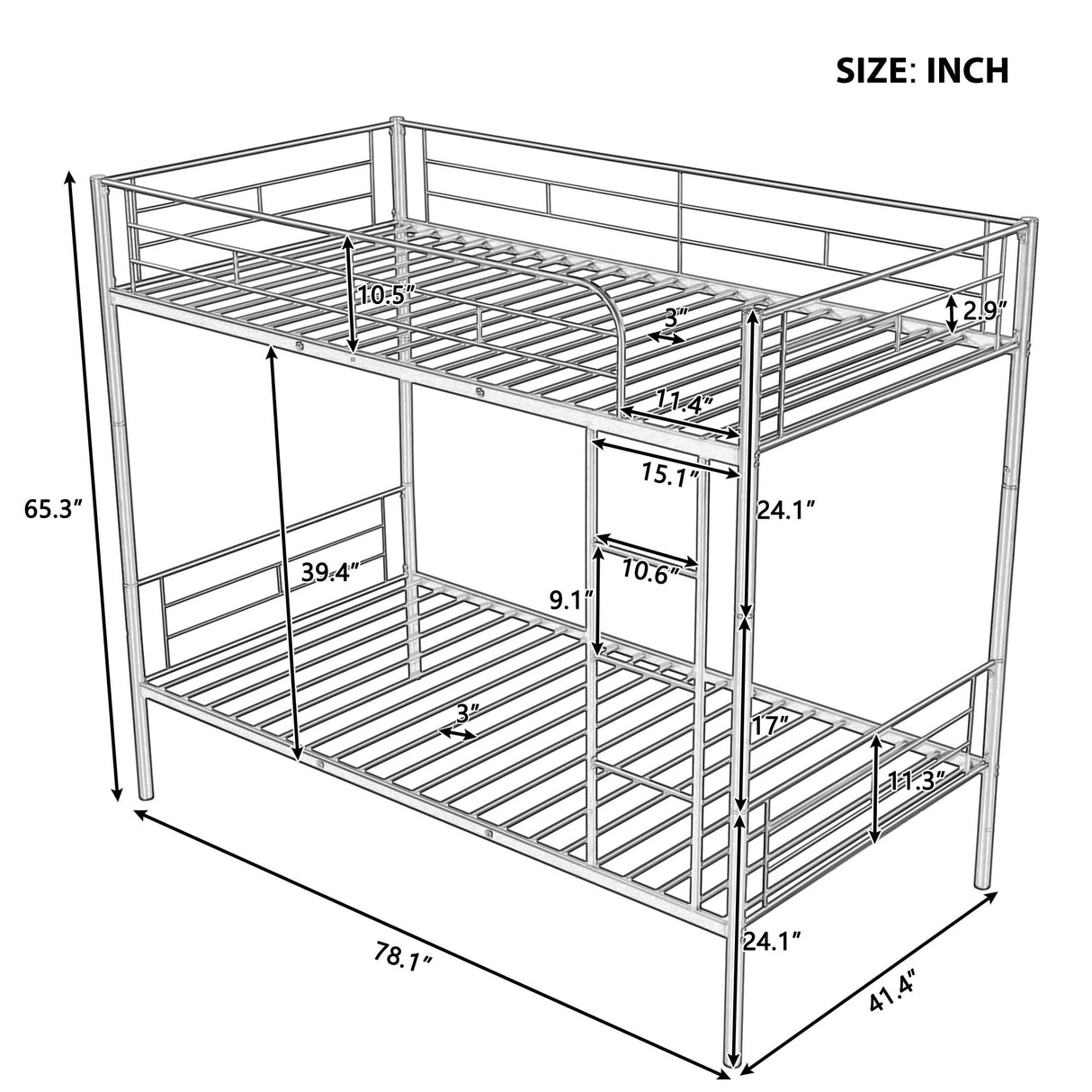 Merax Metal Bunk Bed, Bunk Bed with Ladder and high Guardrail, Able to Split, Under Bed Storage Space, Noise Free, Twin Over Twin Size, White Merax