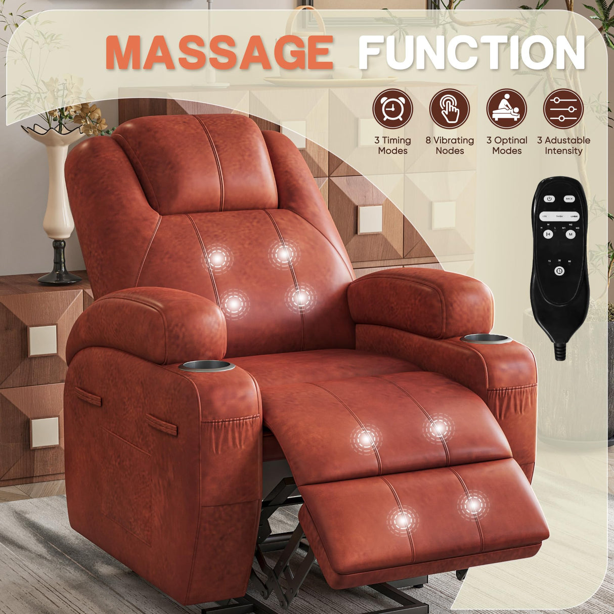 Electric Power Lift Recliner Chair with Massage for Elderly Corduroy Fabric Recliner Single Sofa with Cup Holders, Side Pockets and Remote Control for Living Room Bedroom (Leathaire, Brown) Furmax