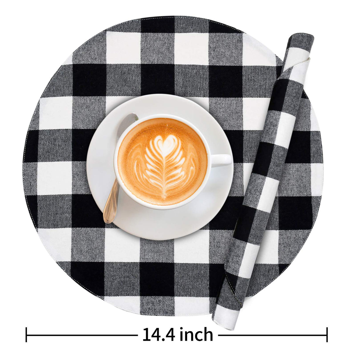 Senneny Round Placemats Set of 6 - Black and White Buffalo Plaid Placemats - Reversible Cotton and Burlap Placemats for Round Tables - Farmhouse Place mat for Dining Table Senneny
