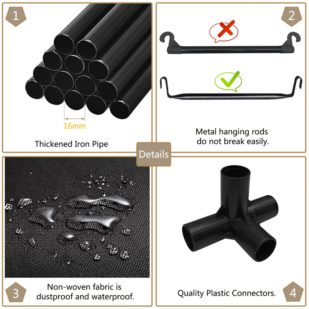 SORCEDAS Portable Wardrobe Closet Storage Organizer Metal Hanging Rack Non-Woven Fabric (Black, 51 Inch) SORCEDAS