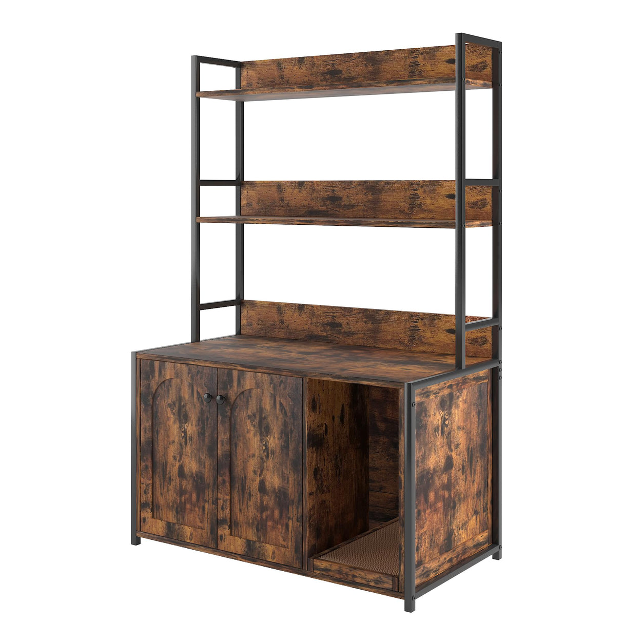 Litter Box Enclosure with 2 Storage Shelves Hidden Cat Litter Box Furniture with Scratch Pad, Indoor Cat House Kitty Box Washroom Cat Bookshelf Cabinet Retro Brown Hipicute