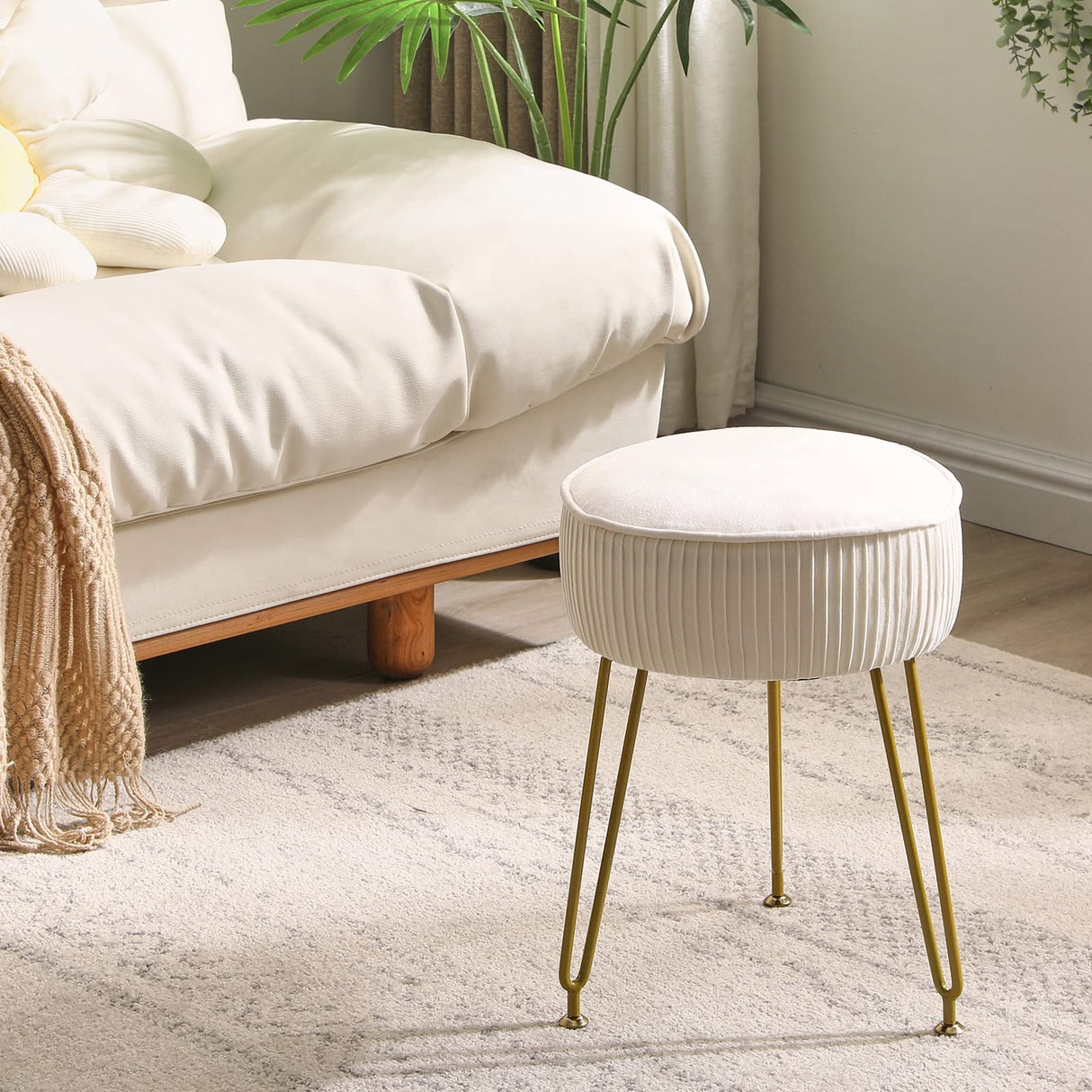IBUYKE Velvet Round Footrest Stool Ottoman, Makeup Vanity Stool Side Table, Velvet Dressing Table Seat, Pouf Couch Stool, Golden Steel Legs, Creamy-White LG-30M IBUYKE