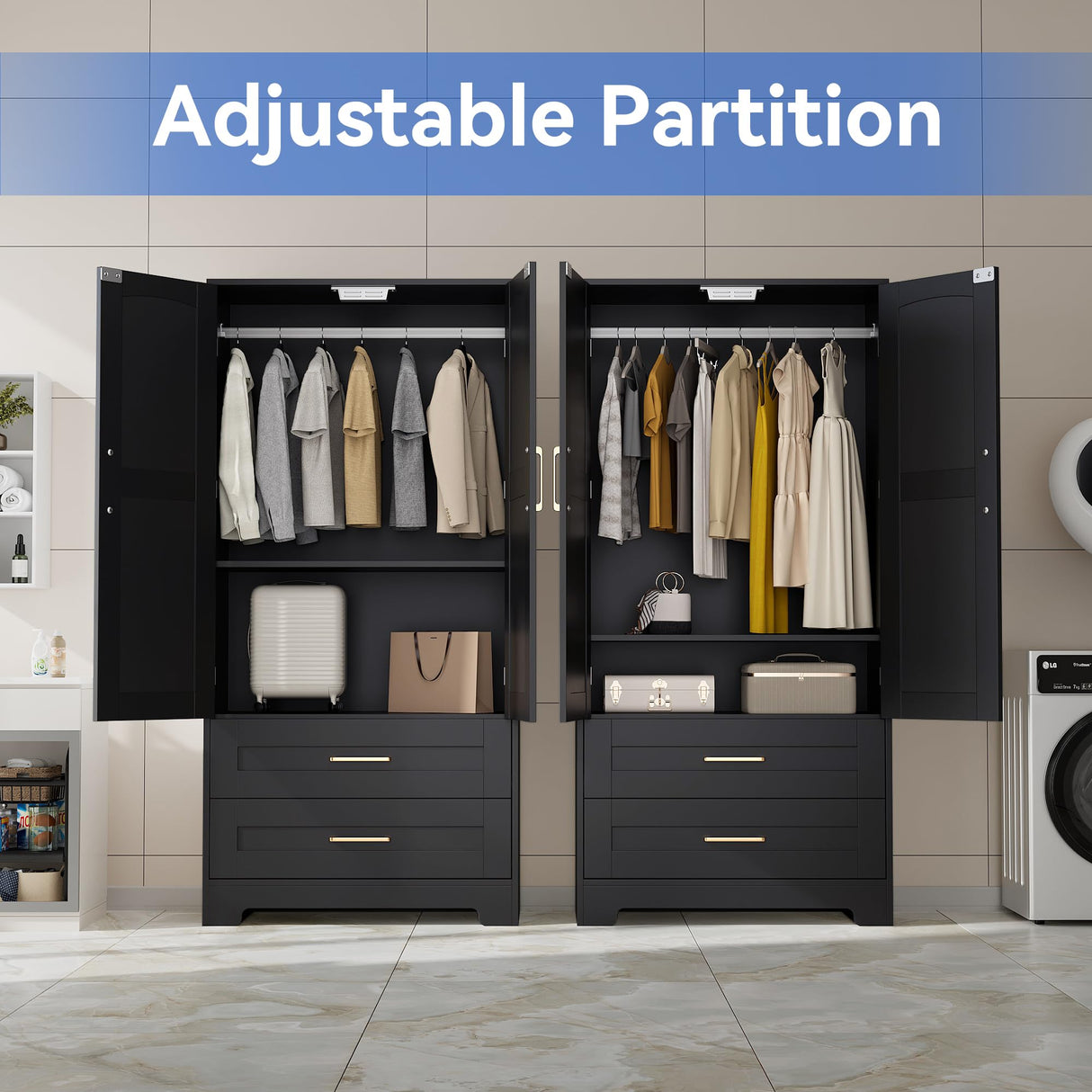 Wooden Armoire Wardrobe Closet with 2 Drawers, Bedroom Armoires with Door and Shelves, Freestanding Wardrobe Clothing Storage Cabinet with Hanging Rod for Bedroom, Laundry Room, Cloak Room(Black) Honsiva