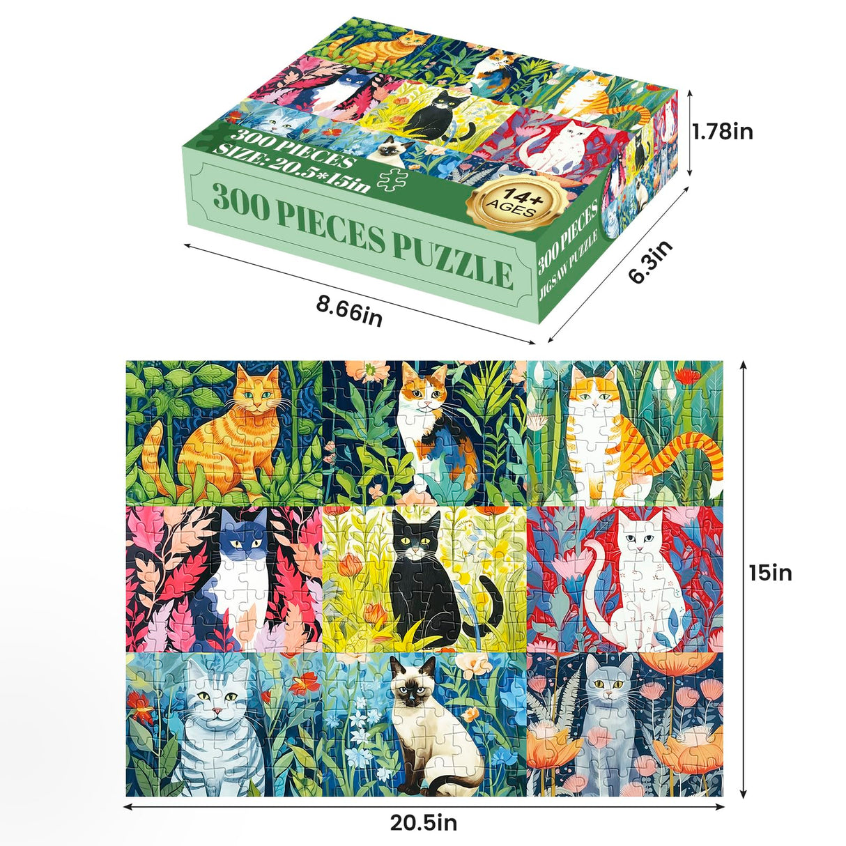 300 Piece Puzzle for Adults-Cats and Flowers | Recycled Cardboard Jigsaw Puzzles 300 Pieces | Challenging Family Activity Great Gift Idea for Family Friends | Difficult Puzzles Size 20.5X 15 inches Edsjegn